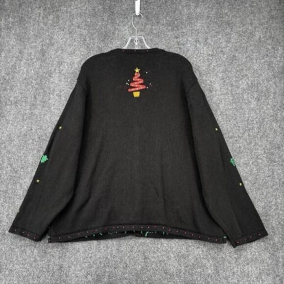Christmas Holiday Women’s XL Black Cardigan Decorated Embroidered Trees Classic - Picture 3 of 9